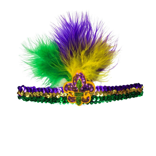Purple, Green and Gold Sequin Headband with Fleur de Lis and Feathers