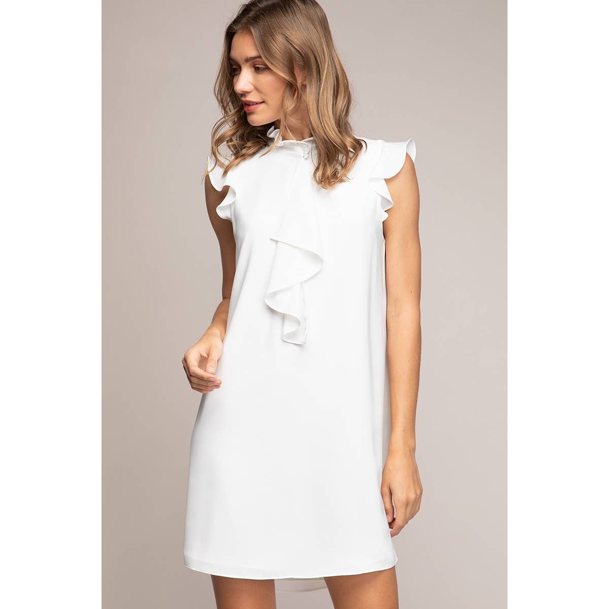 Cascade Ruffle Front Mock Neck Dress