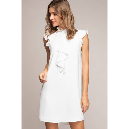 Cascade Ruffle Front Mock Neck Dress