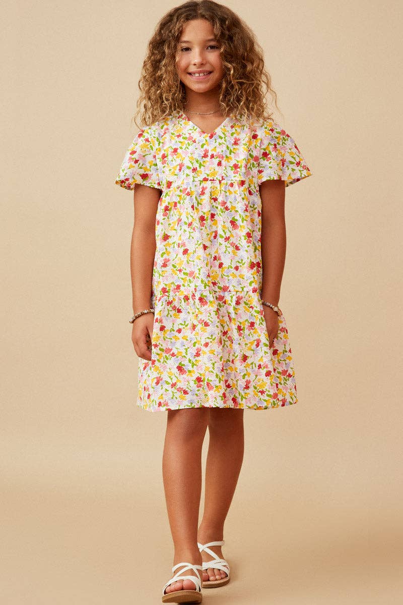Girls Ditsy Floral V Neck Flutter Sleeve Dress