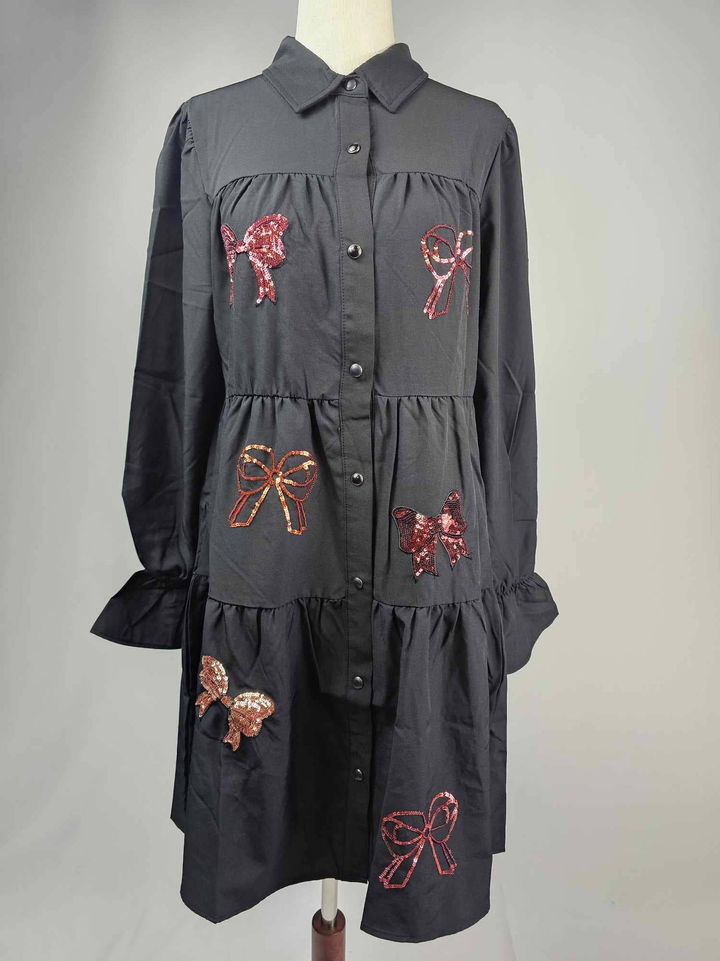 Sequins Bow Puff Sleeve Long Sleeve Dress