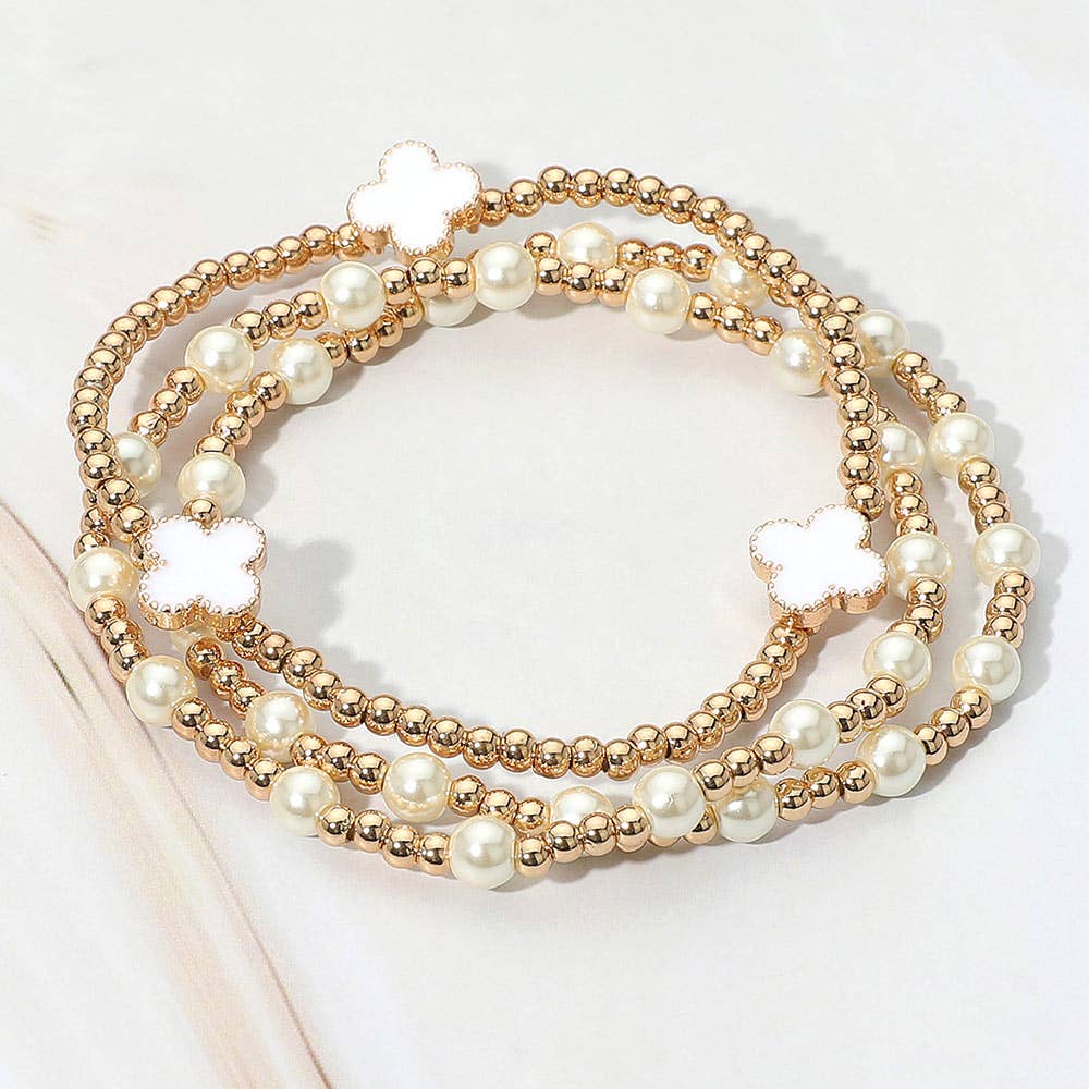 3PCS - Quatrefoil Pearl Beaded Stretch Multi Layered Bracelets