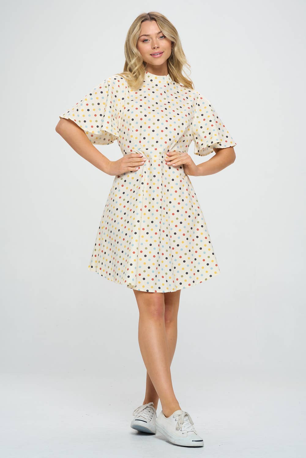 COLORFUL POLKA DOT FLARE SLEEVE DRESS