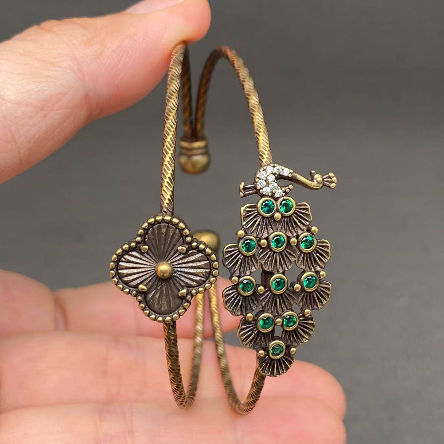 Vintage Bronze Brass Peacock & Clover Bangle