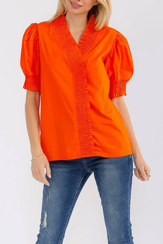 SHORT PUFF SLEEVE V-NECK RUFFLE BLOUSE