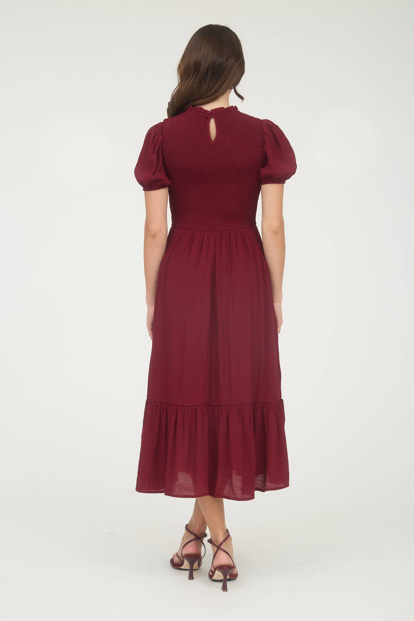 CONTRAST SMOCKED DETAIL PUFF SLEEVE MIDI DRESS