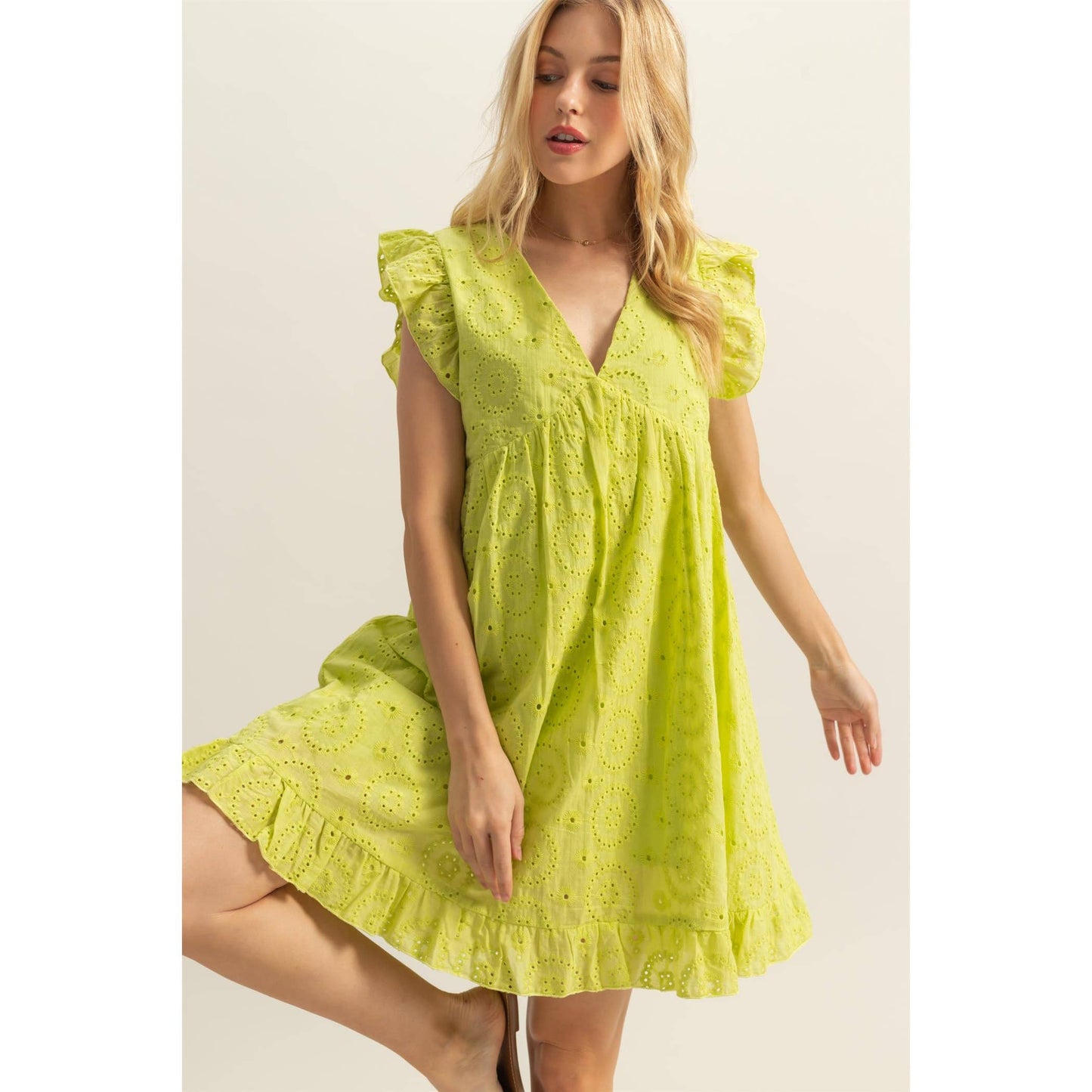 Flutter Sleeve V-Neck Eyelet Mini Dress