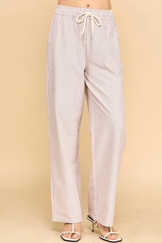 STRIPED DRAWSTRING STRAIGHT PANTS ~ Mocha