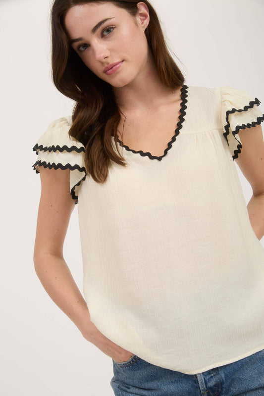 V NECK WAVY TRIM RUFFLE SLEEVE TOP
