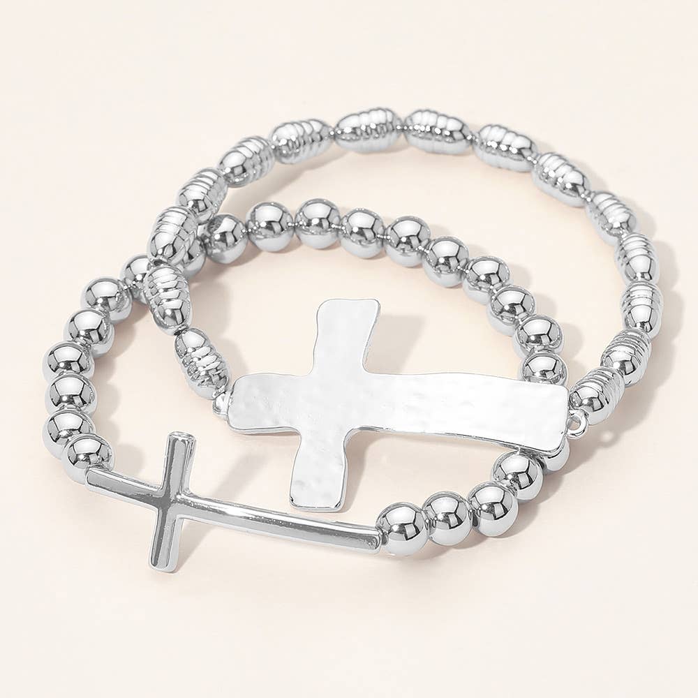2PCS - Metal Cross Accent Beaded Stretch Multi Layered Bracelet