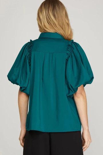 TEAL GREEN BUBBLE SLEEVES BUTTON DOWN WOVEN TOP