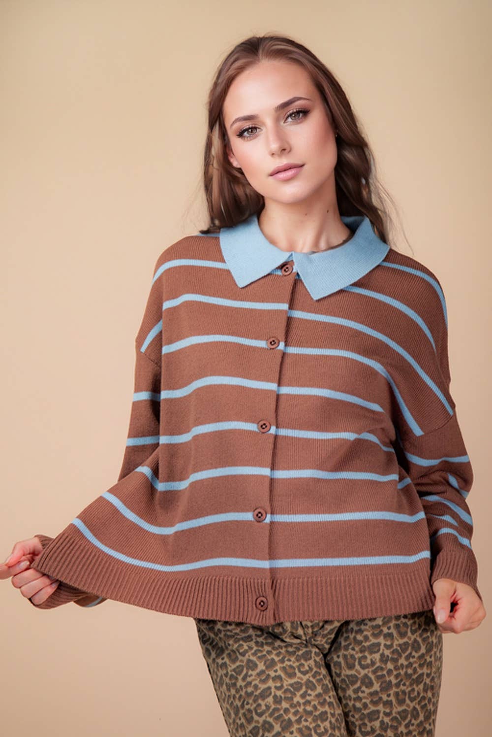 Mocha Oversized Button Down Striped Casual Sweater