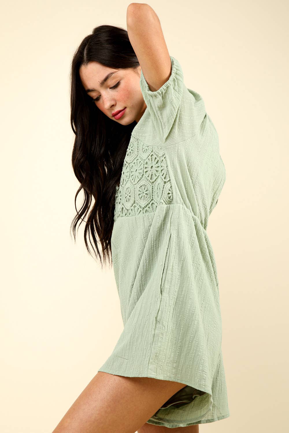 Lace Detail Puff Sleeve Solid Woven Romper