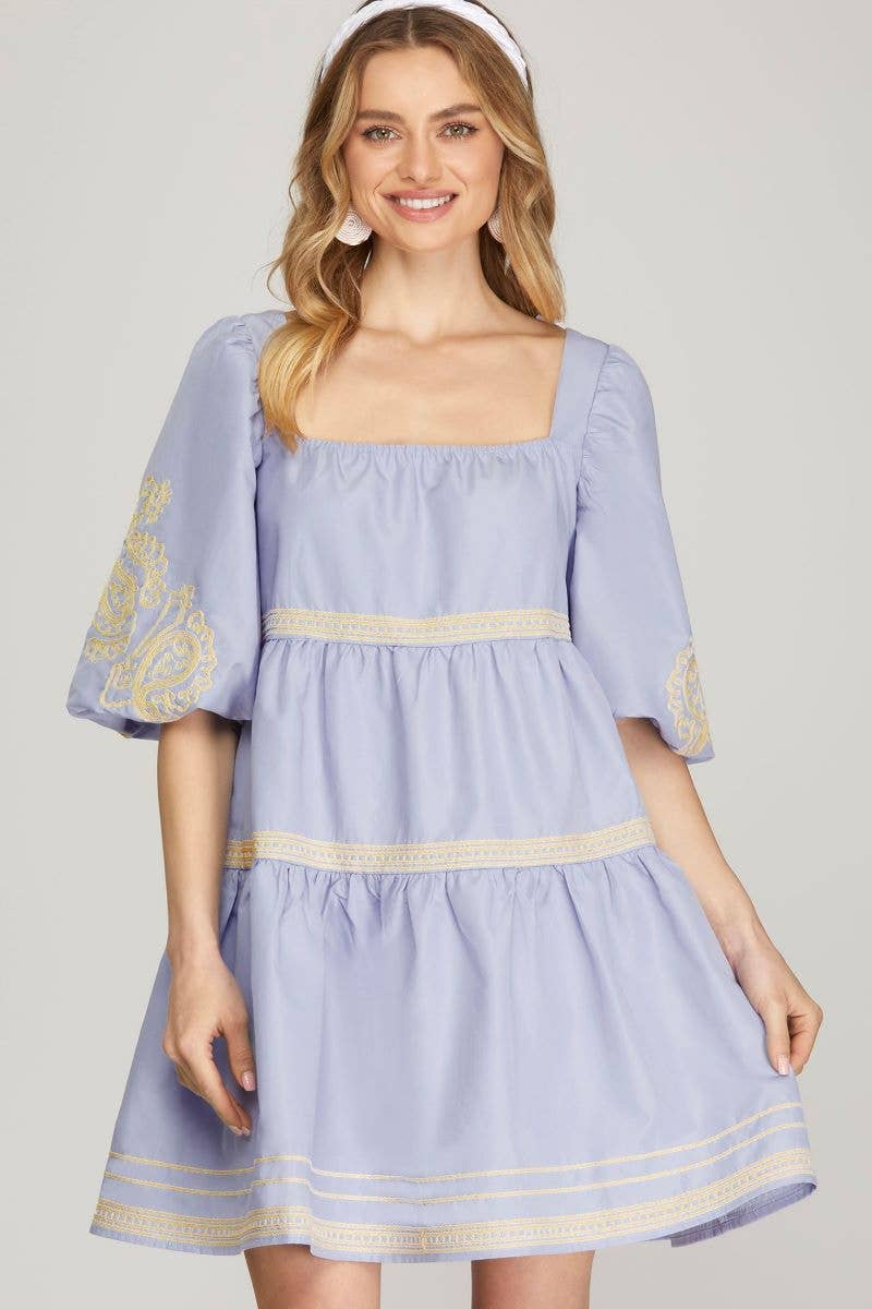 Lilac Blue Embroidered Puff Sleeve Tiered Mini Dress