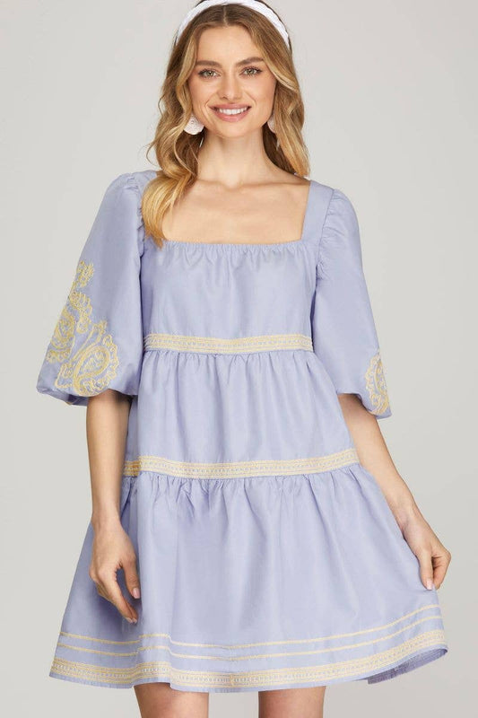 Lilac Blue Embroidered Puff Sleeve Tiered Mini Dress