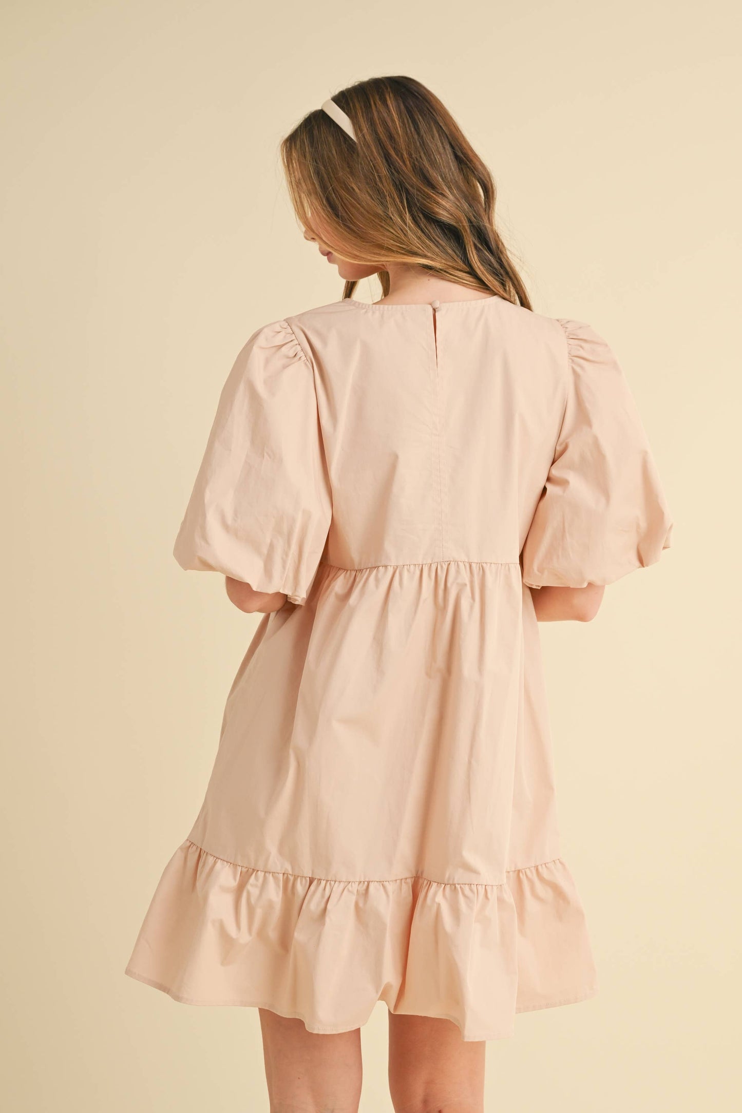 Almond DOUBLE PUFF SLEEVE SHIRRED A-LINE MIDI DRESS