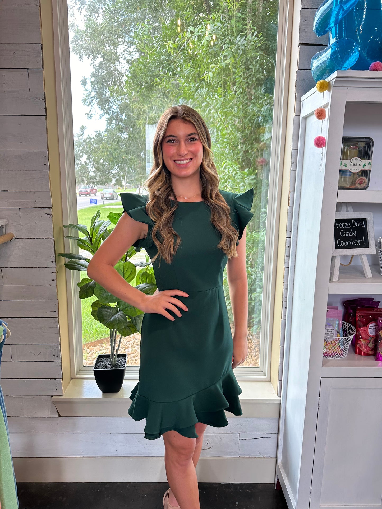 Hunter Green V-Back Ruffled Dress