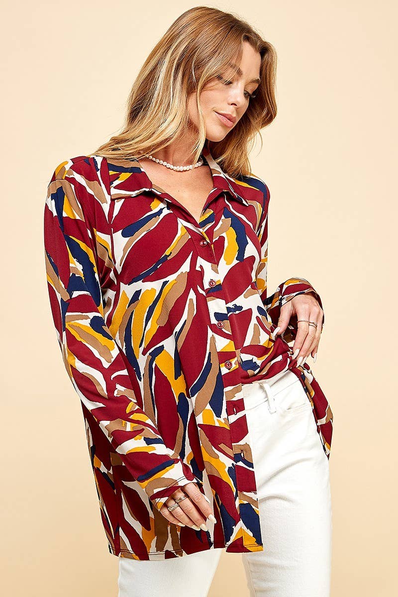 COLOR BUTTON UP COLLAR LOOSE SHIRT TOP