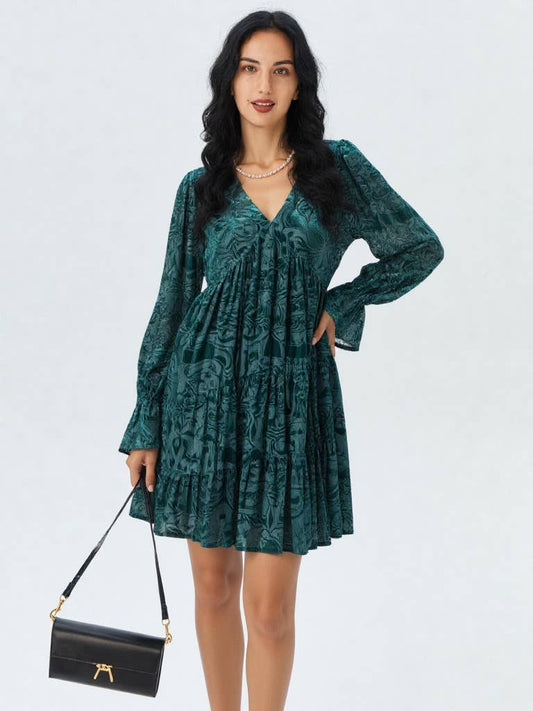 Deep V-neck Jacquard Velvet Mini Dress