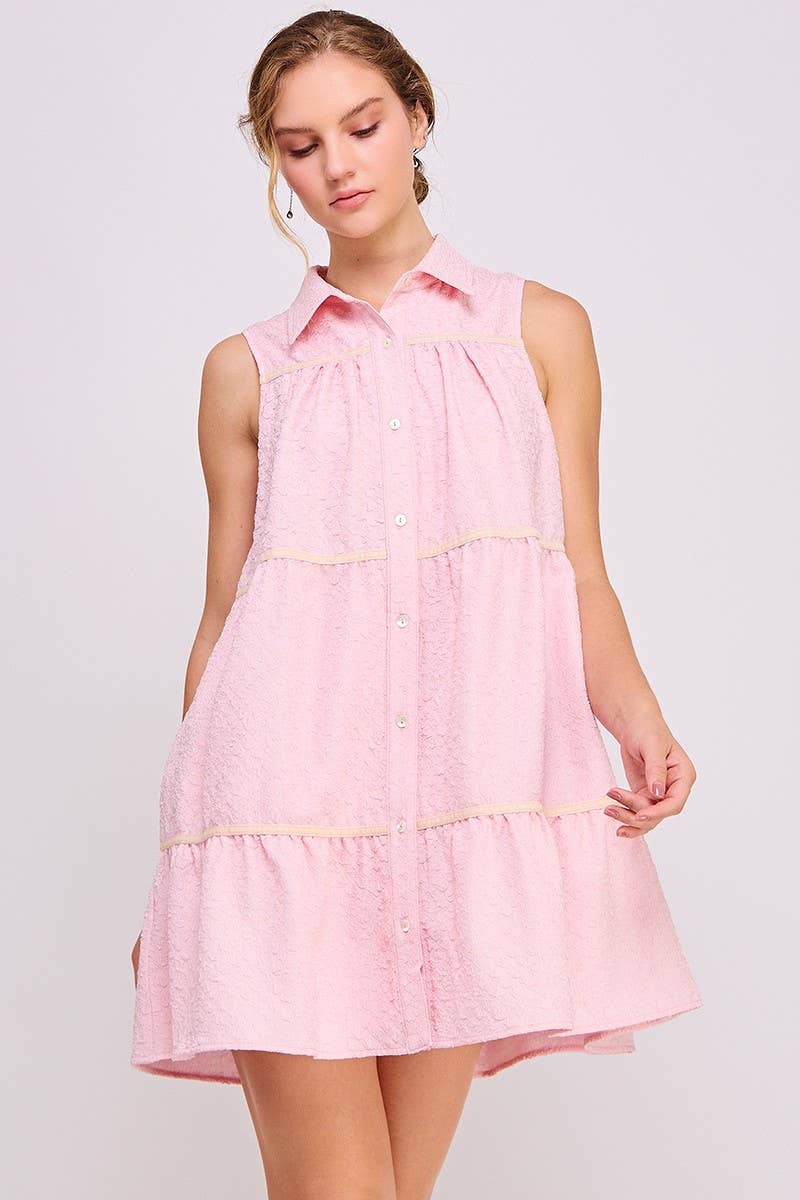 Pink Button-Up Swing Mini Dress - Sleeveless