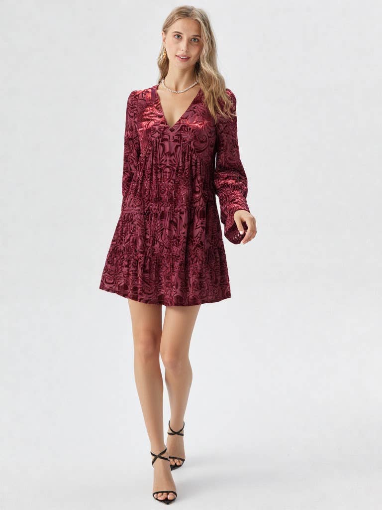 Deep V-neck Jacquard Velvet Mini Dress