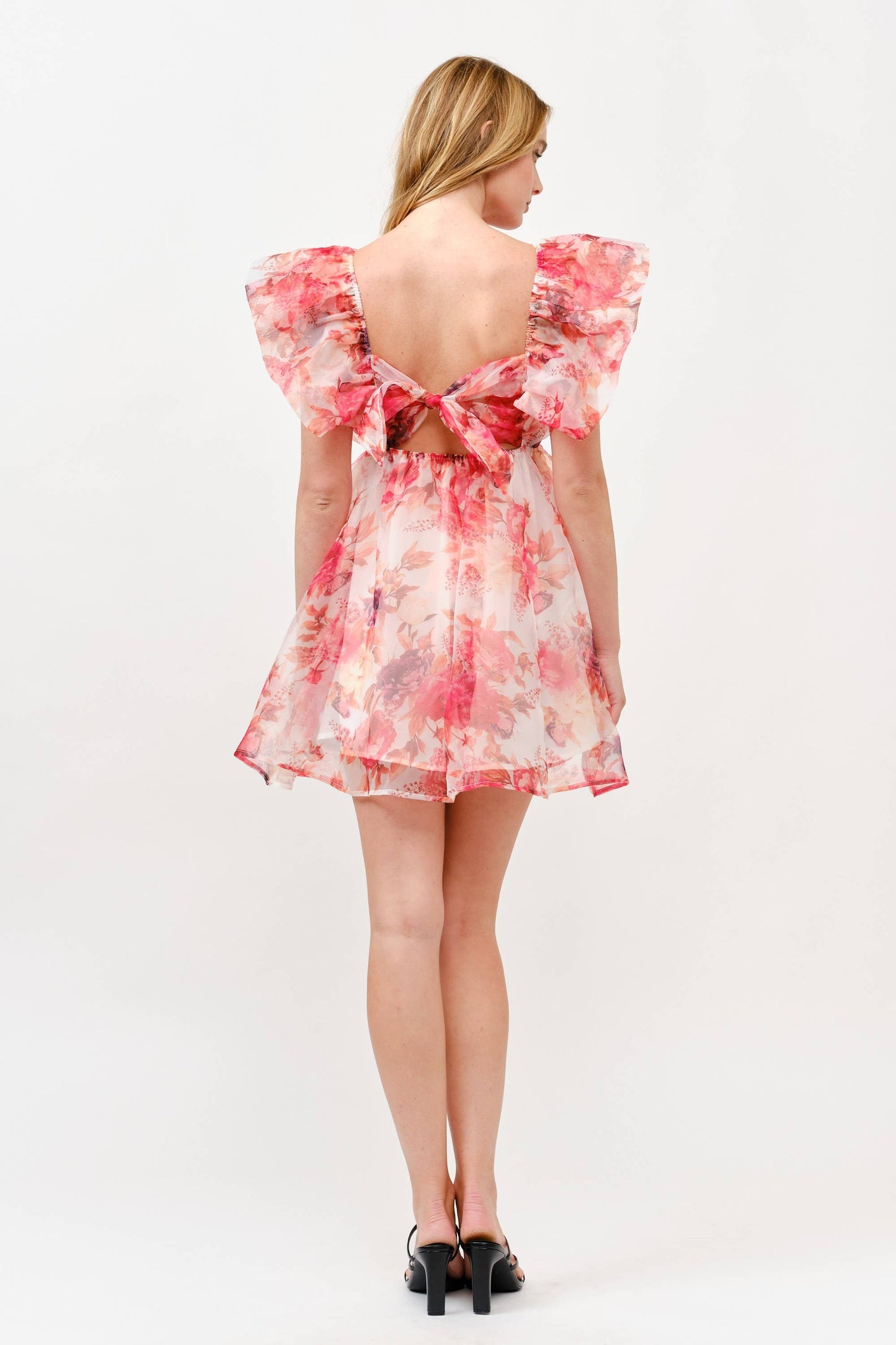 Pink Floral Chiffon Mini Dress with Ruffle Sleeves
