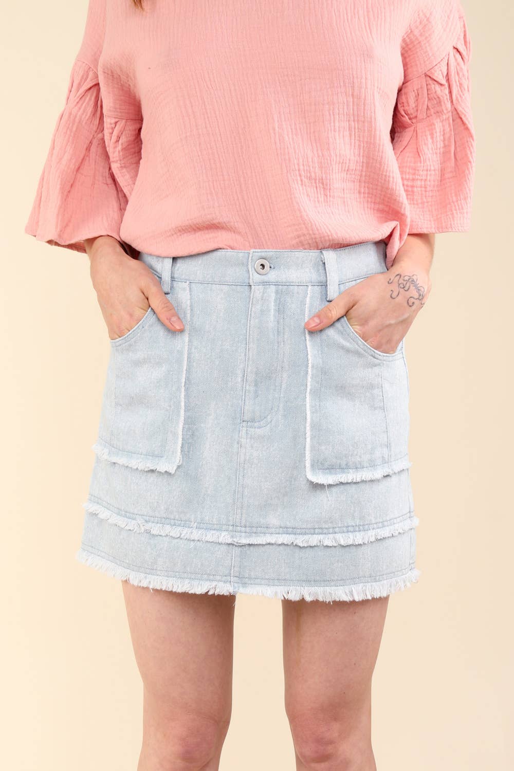 Washed Denim Frayed Hem Mini Skirt