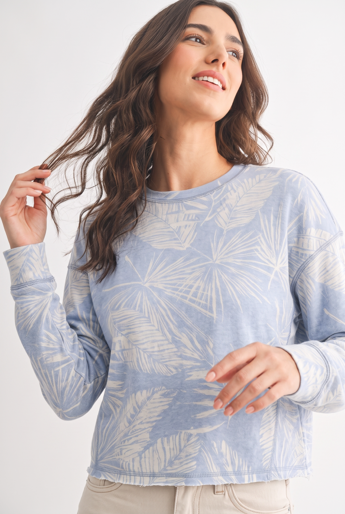 French Terry Leaf Print Crewneck Top