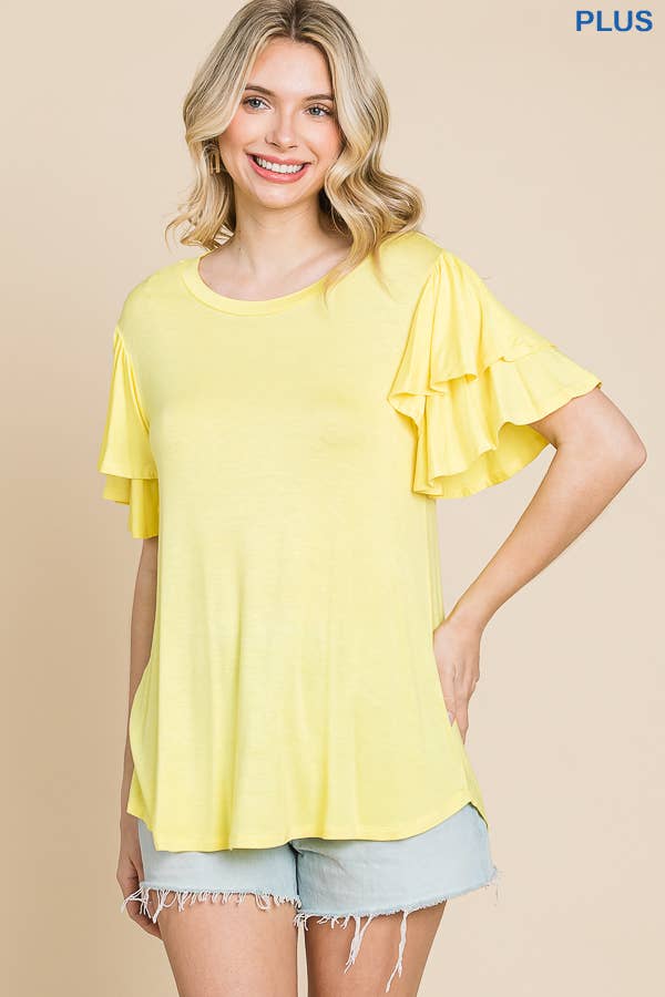 Plus Round Neck Semi Loose Ruffle Sleeve Top