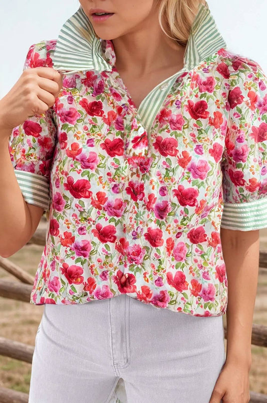 Floral Stripe Patchwork Collar Short Sleeve Blouse