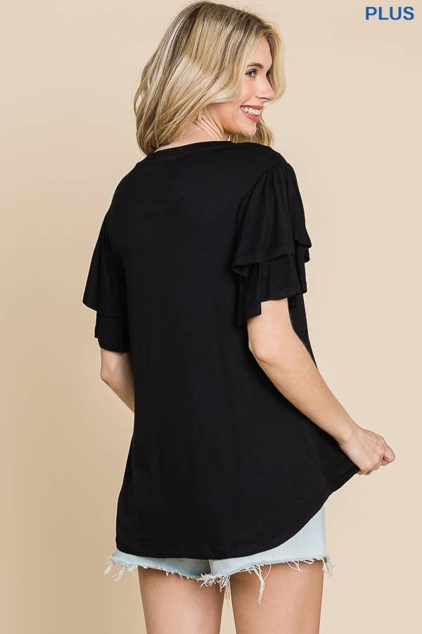 Plus Round Neck Semi Loose Ruffle Sleeve Top