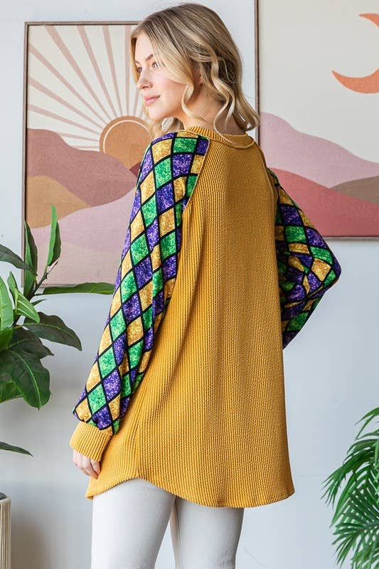 MARDI GRAS LONG SLEEVE URBAN RIBBED TOP ~ Faux Glitter Sleeve