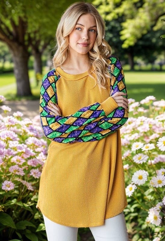 MARDI GRAS LONG SLEEVE URBAN RIBBED TOP ~ Faux Glitter Sleeve