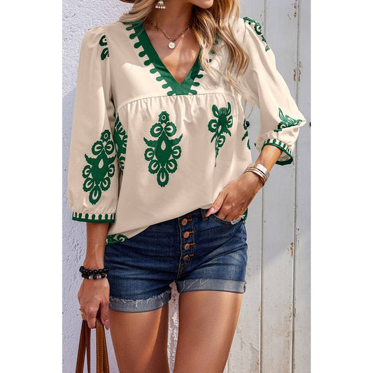 Geo Print V Neck Loose Puff Sleeves Blouse