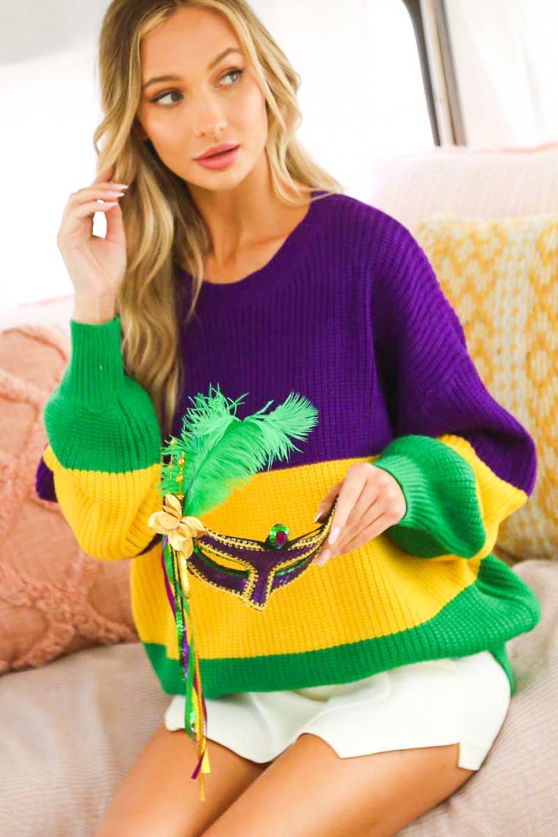 Color block Mardi Gras Round Neck Knitted Sweater