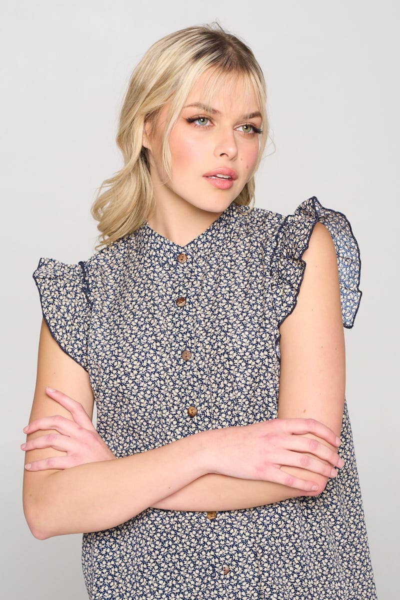 Tiny Floral Print Ruffled Sleeves Blouse