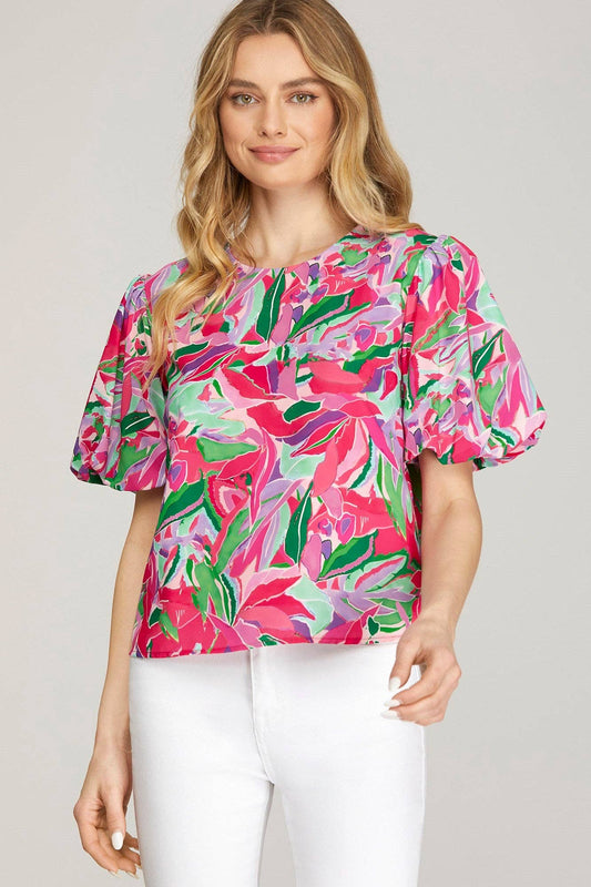PUFF SHORT SLEEVE WOVEN FLORAL PRINT TOP