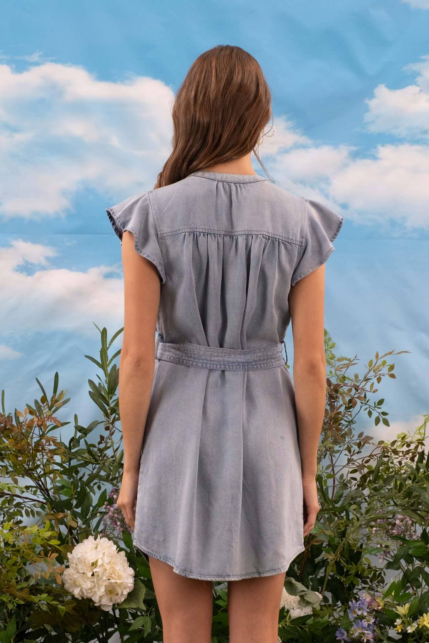CHAMBRAY BUTTON UP FLOUNCE SLEEVE BELTED MINI DRESS