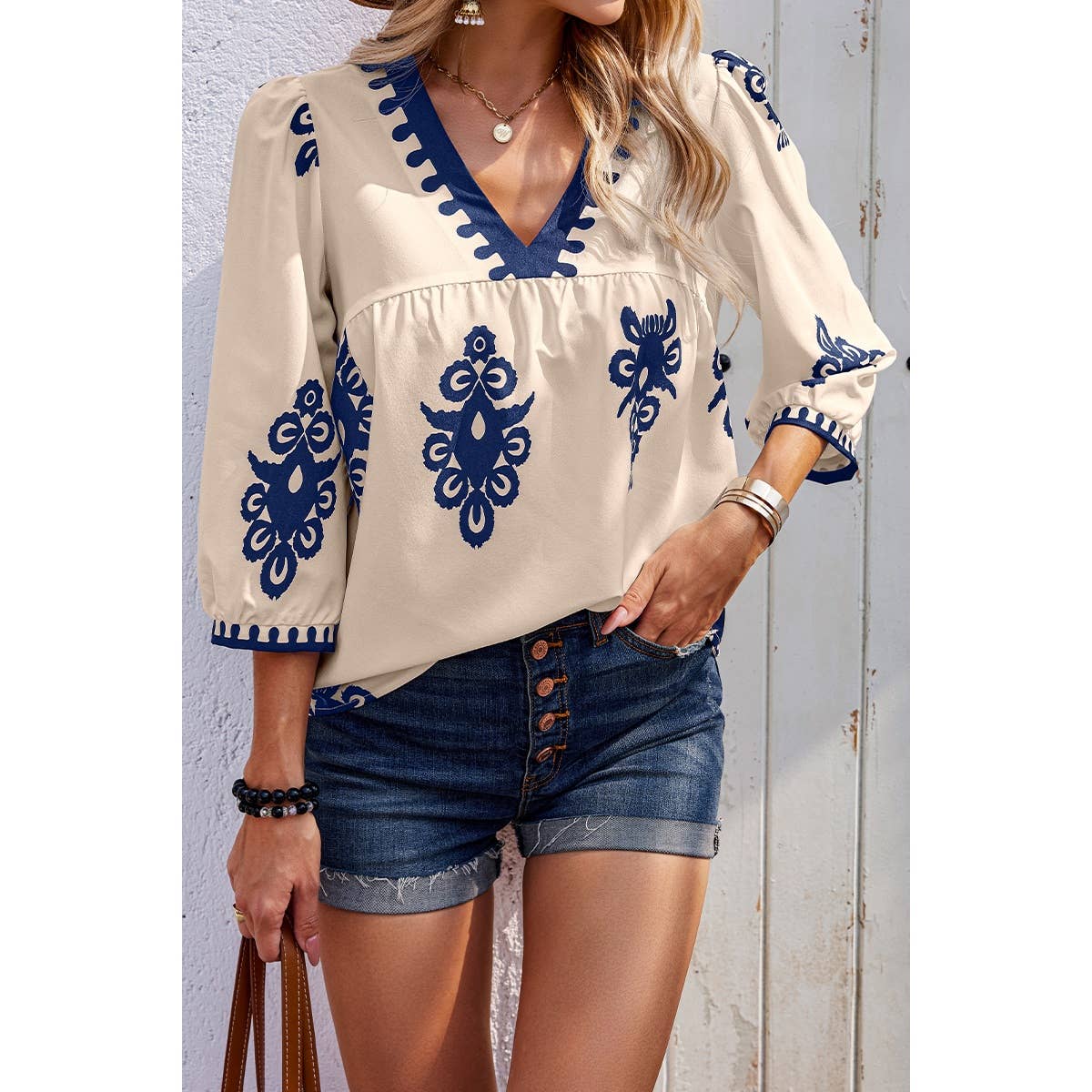 Geo Print V Neck Loose Puff Sleeves Blouse