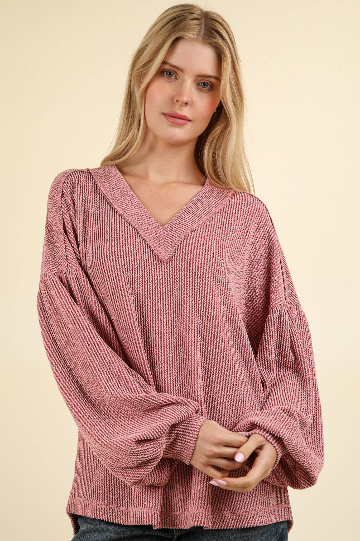 Ribbed V-Neck Oversized Knit Top