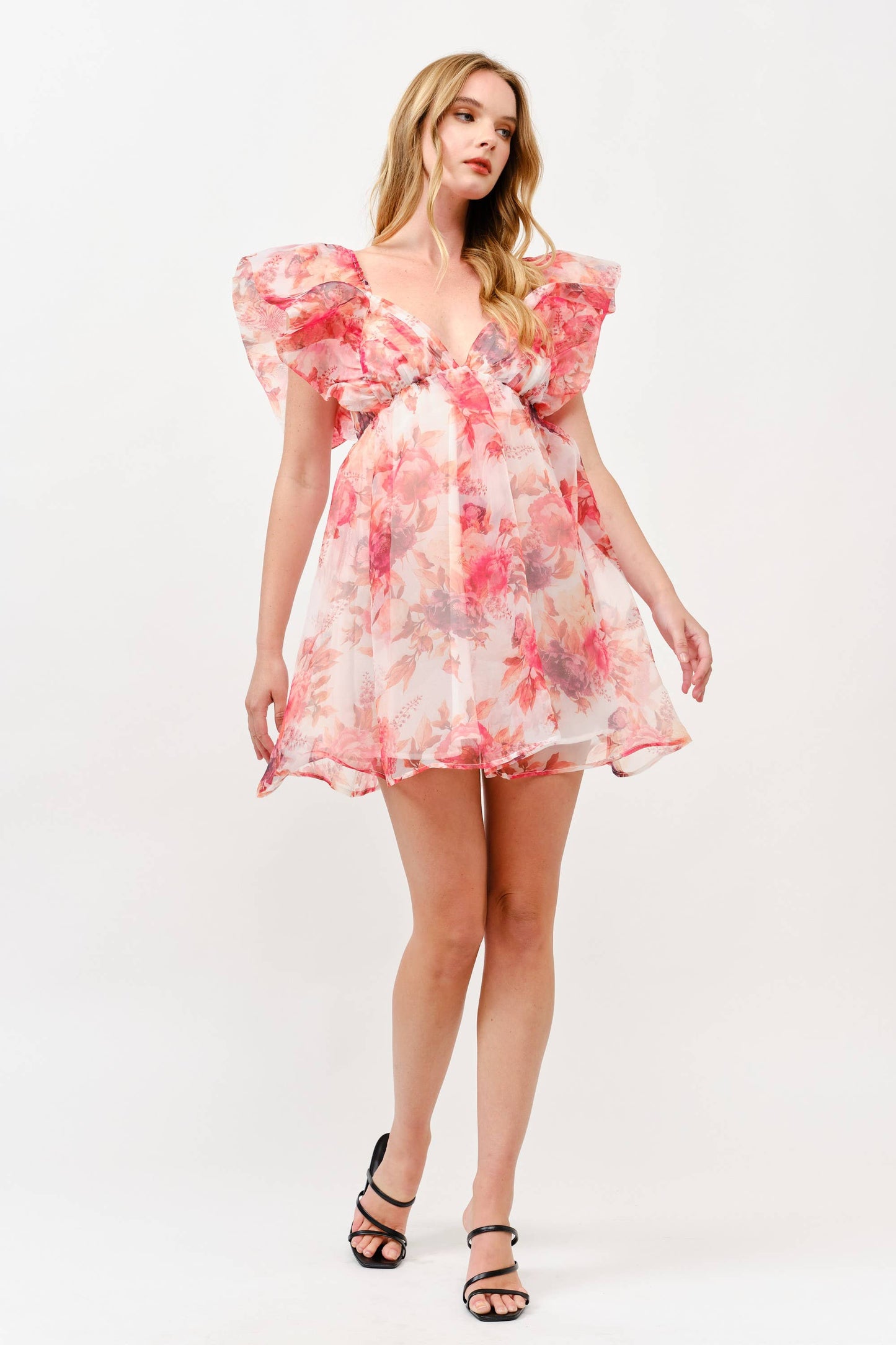 Pink Floral Chiffon Mini Dress with Ruffle Sleeves