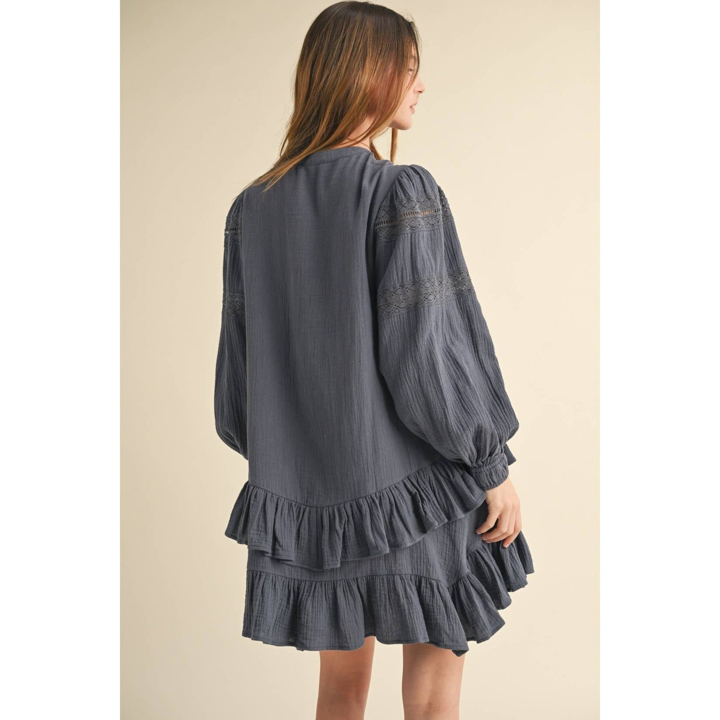 Indigo Blue LONG SLEEVE RUFFLE MINI DRESS
