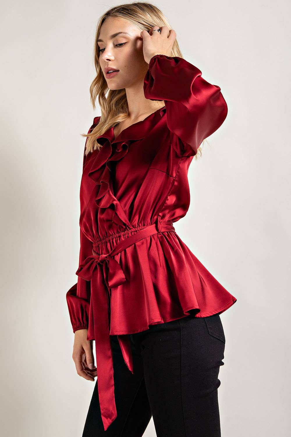 RUFFLED SATIN TOP WITH SELF TIE BELT