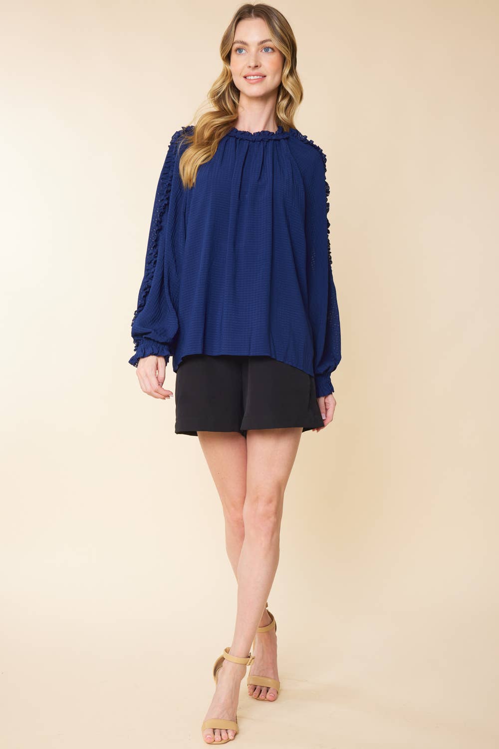 BURNOUT GINGHAM RUFFLED LONG SLEEVES TOP ~ Navy