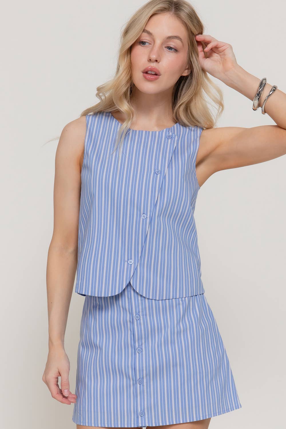 Sleeveless Diagonal Button Closure Striped Poplin Vest Top