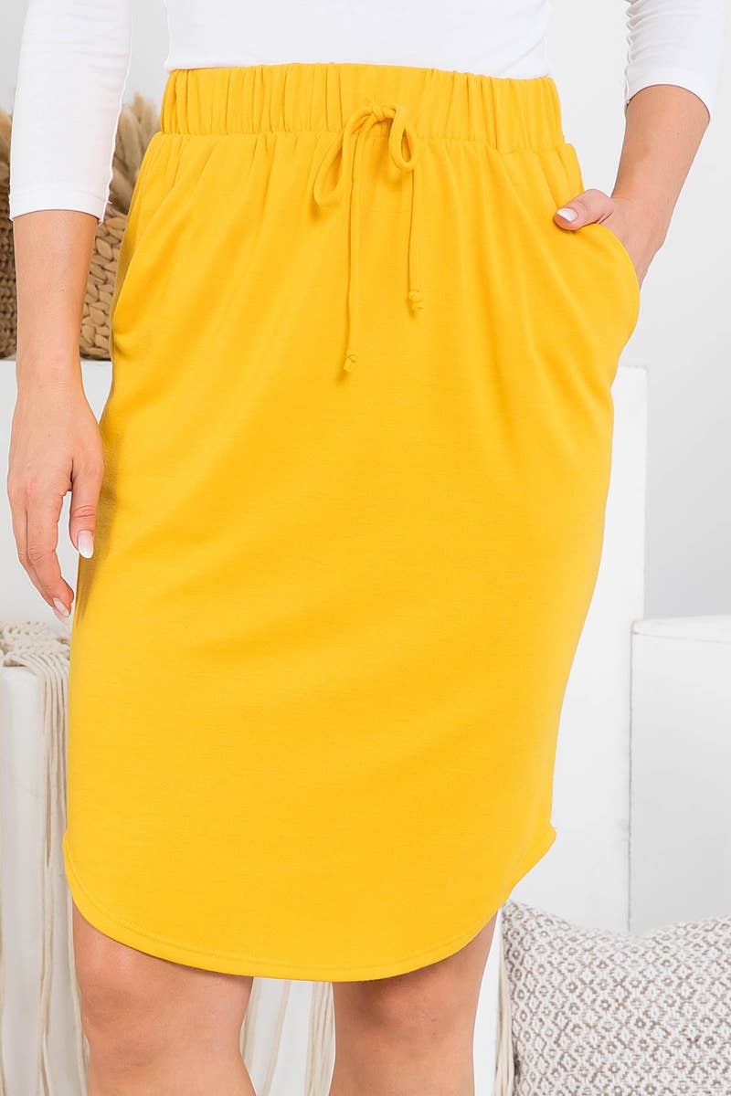 MUSTARD ELASTIC WAIST PENCIL SKIRT