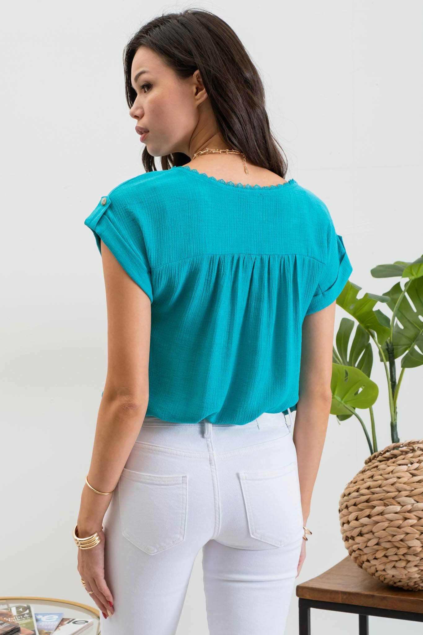 LACE TRIM ROLL TAB SLEEVE BLOUSE