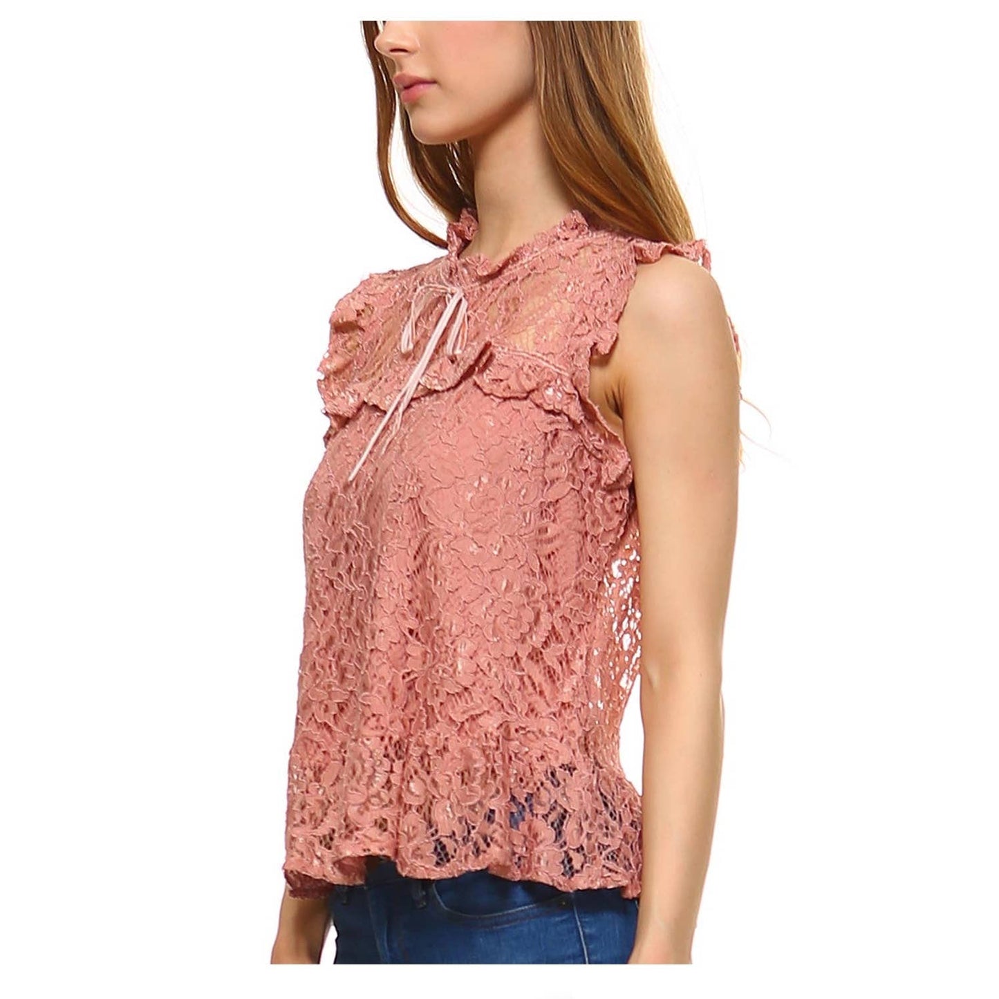 WOMENS PLAIN SLEEVELESS ROUND NECK LACE BLOUSE