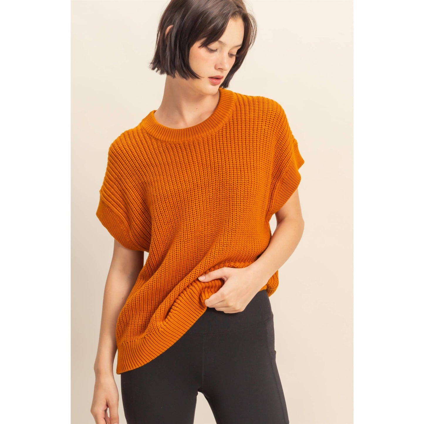 Short Sleeve Oversized Casual Sweater ~ Caramel
