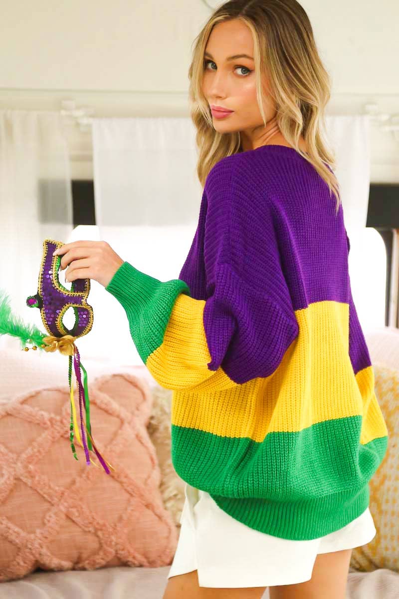 Color block Mardi Gras Round Neck Knitted Sweater